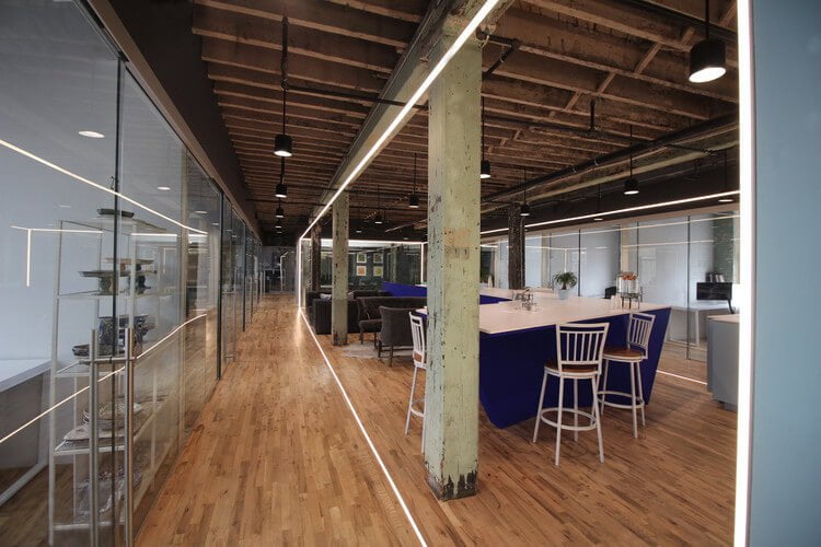 linear LED lighting in a modern industrial office
