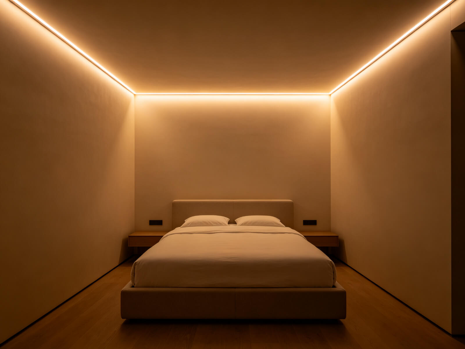 Recessed ceiling cove with warm LED strip lighting