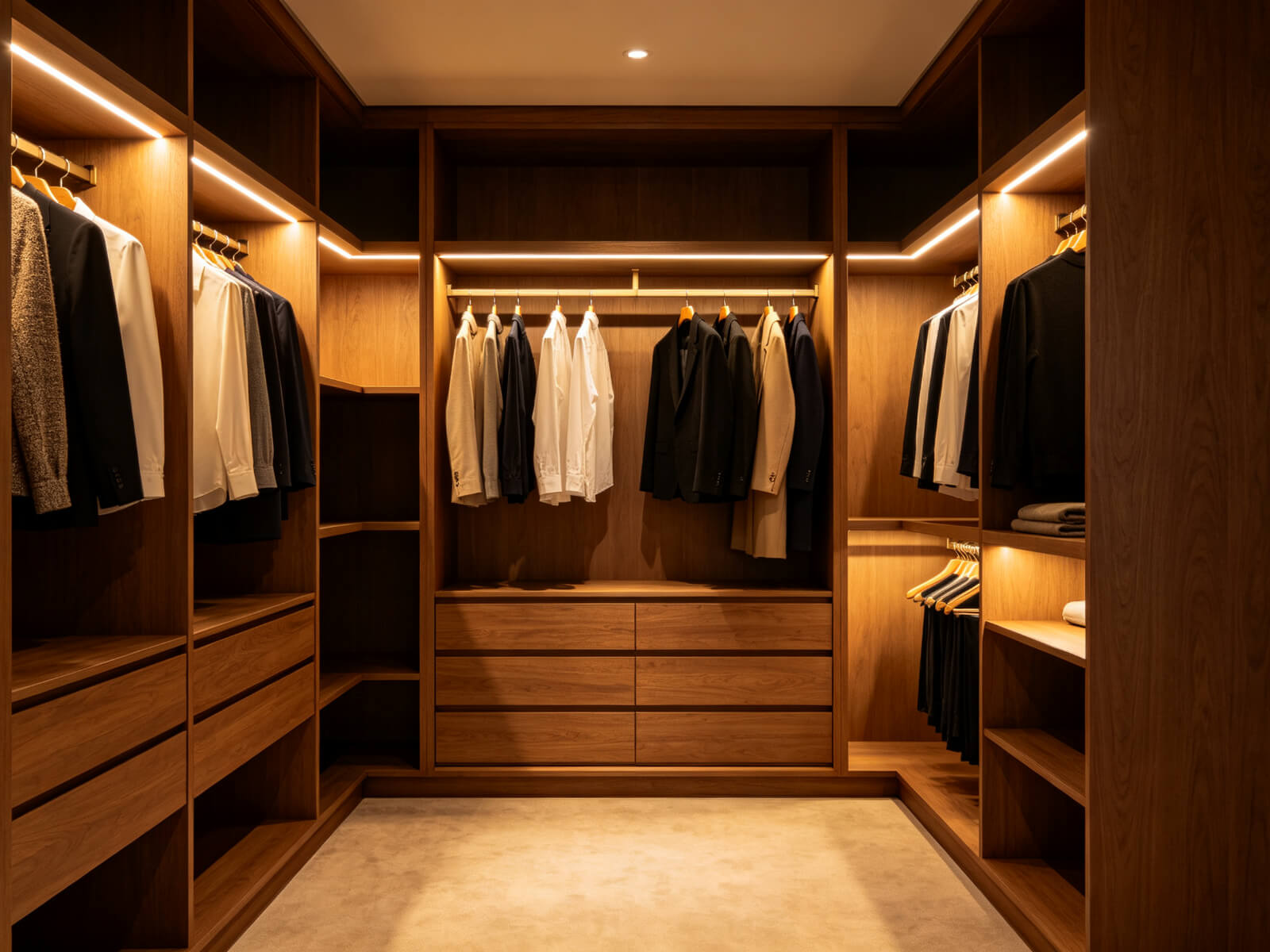 Walk-in wardrobe with warm LED shelf lighting