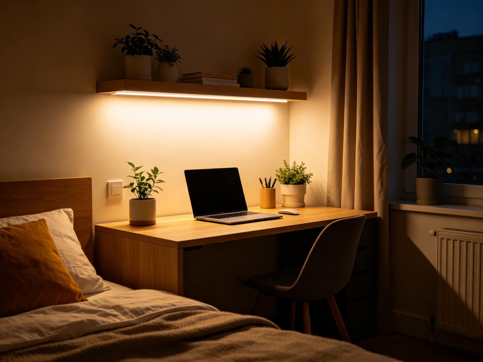 LED strip under a shelf lighting a bedroom desk