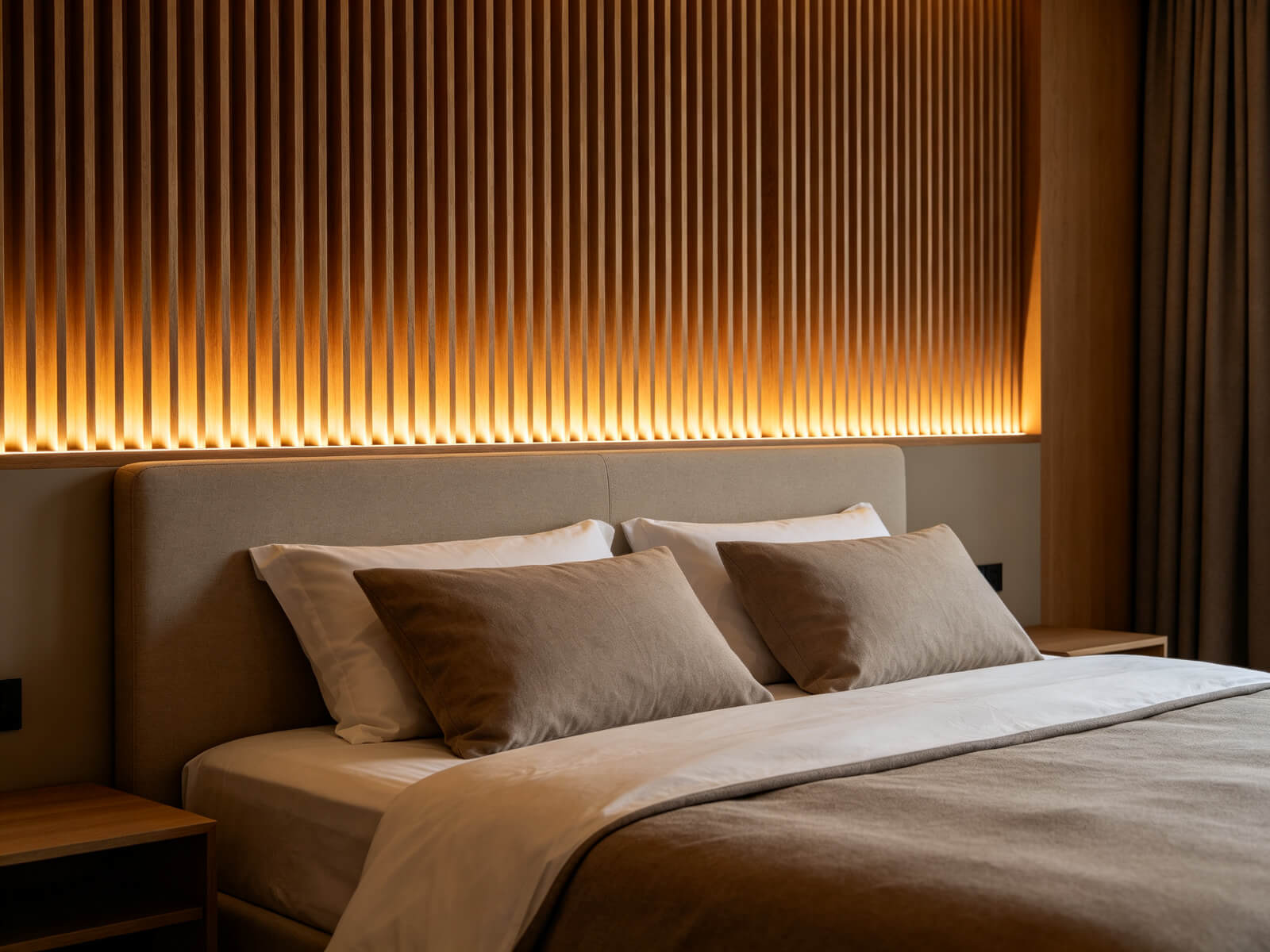 LED strip backlighting a wooden slat headboard