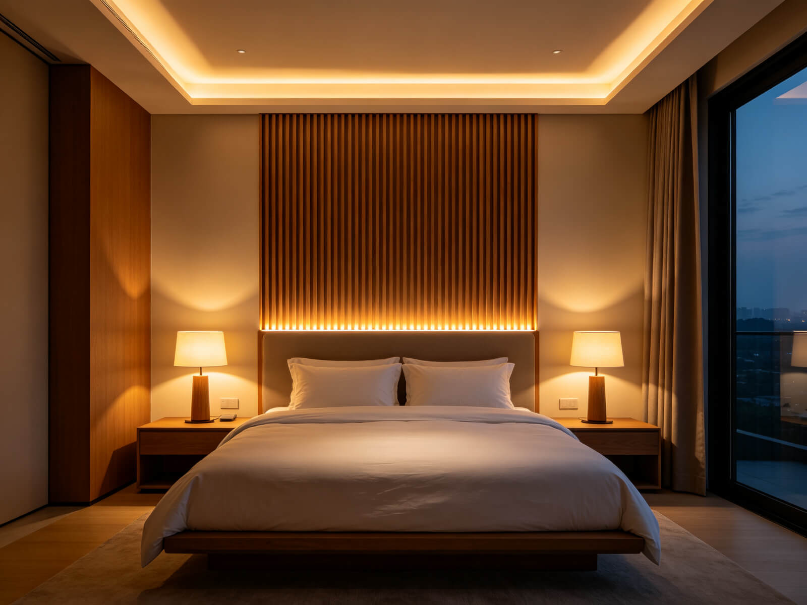 Warm LED strip lighting behind a wooden headboard in a modern bedroom