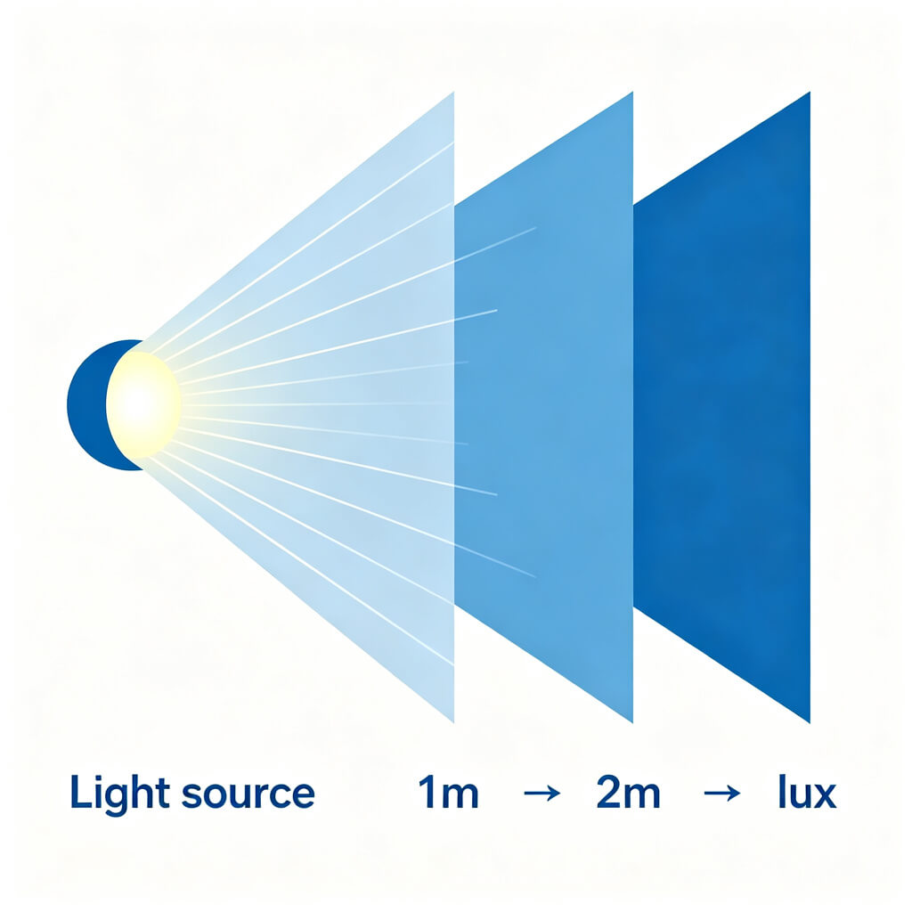 Inverse square law showing lux decreasing with distance