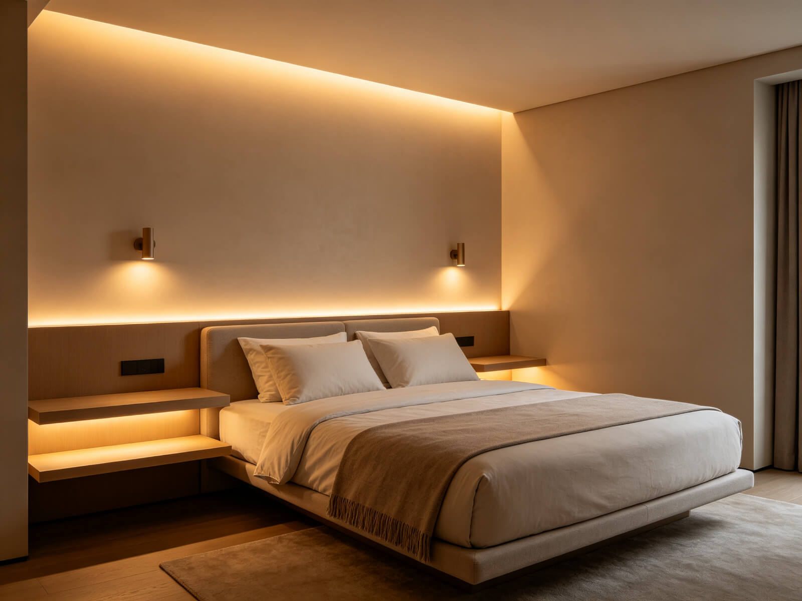 Layered warm LED strip lighting in a cozy bedroom