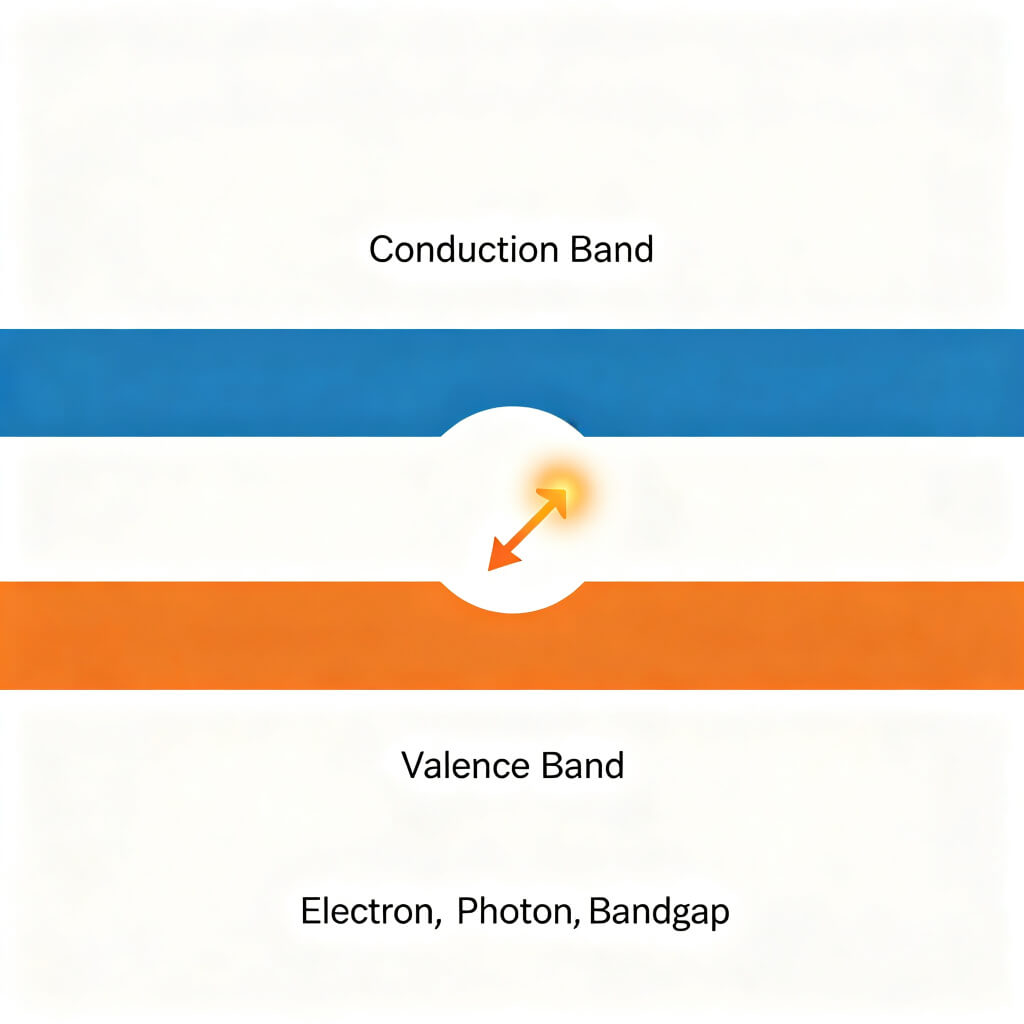LED conduction band and valence band diagram with electron jumping bandgap