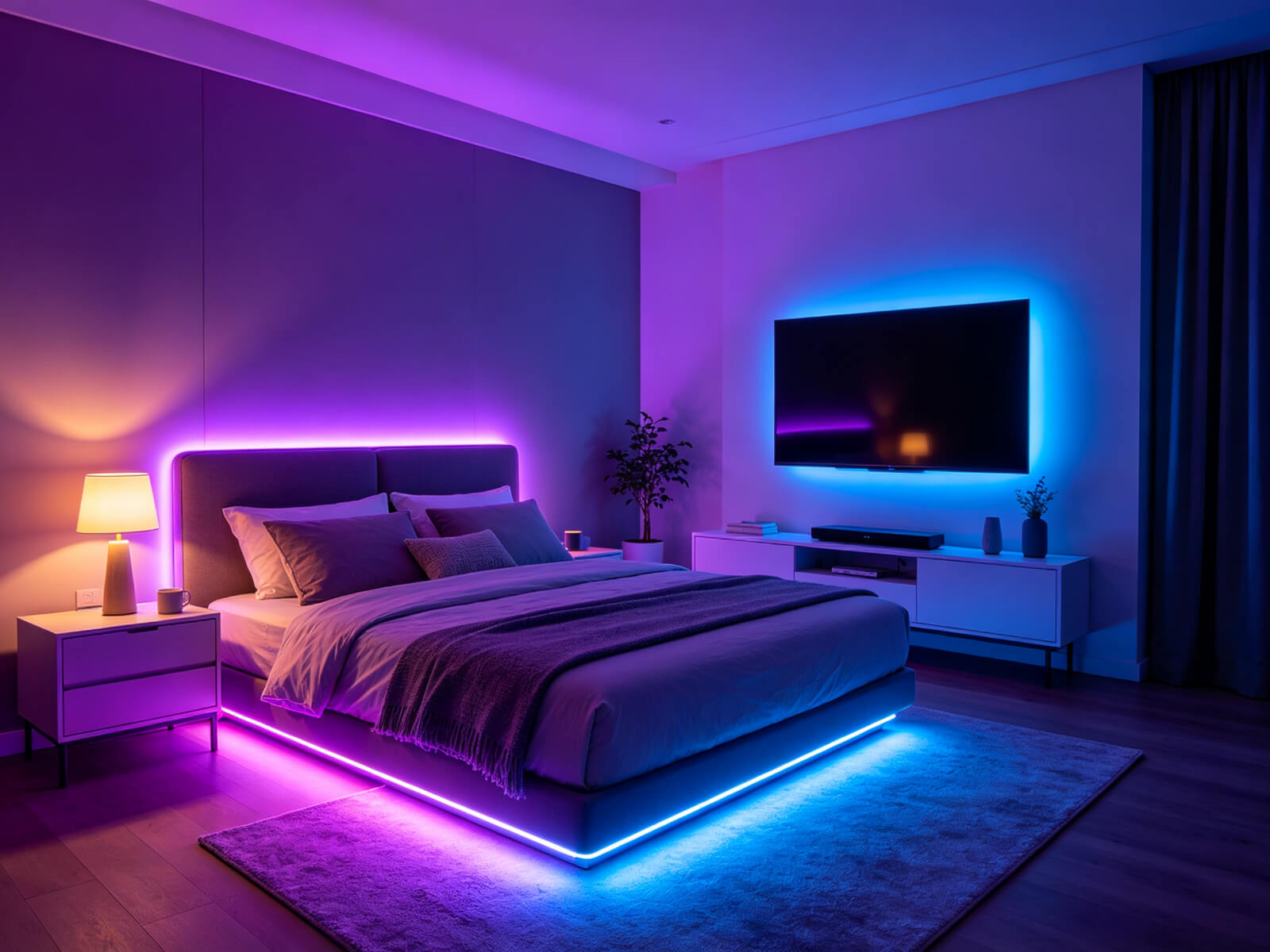 Color-changing RGB LED strips in a modern bedroom