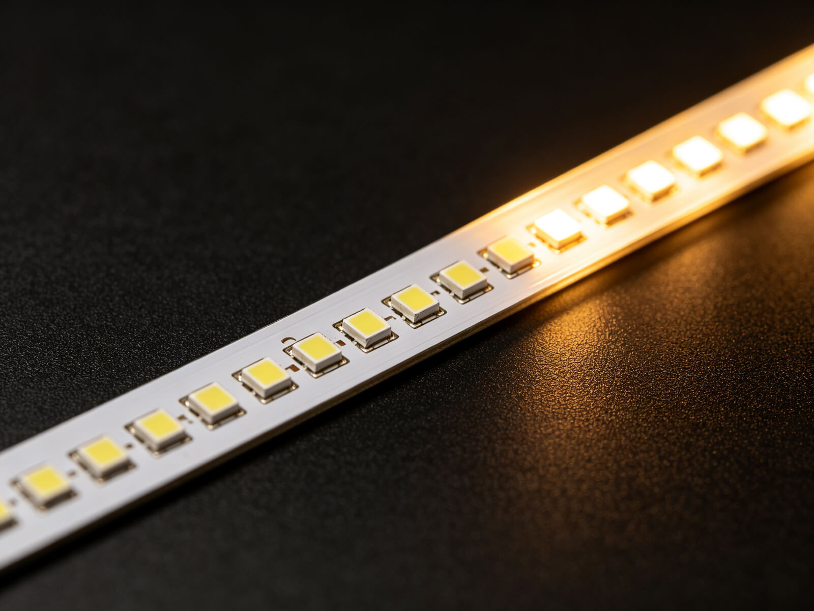 SMD LED strip with visible LED chips on a white PCB