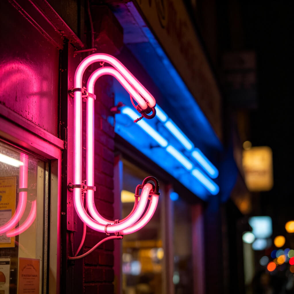 Traditional glass neon sign glowing on a storefront at night