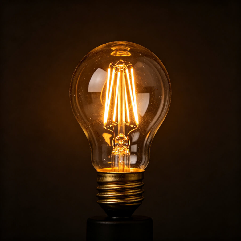 Vintage incandescent light bulb glowing warmly