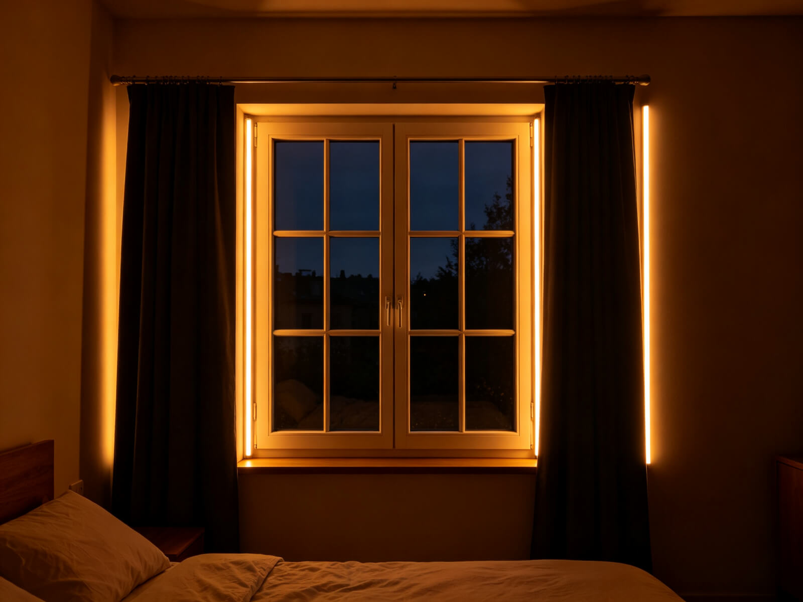 Warm LED strip framing a bedroom window at night