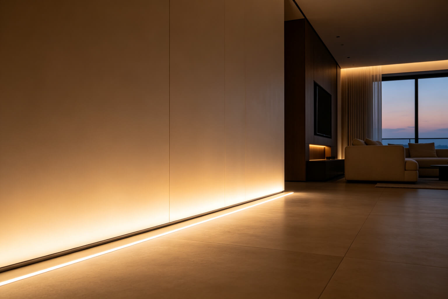 Sala de estar moderna com rodapé canal LED lavando parede e piso