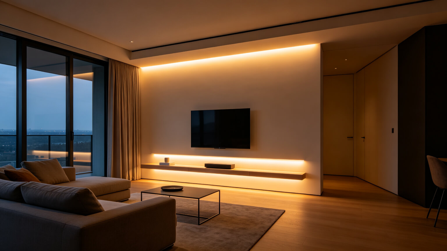 Sala de estar moderna com faixa de LED regulável atrás da TV