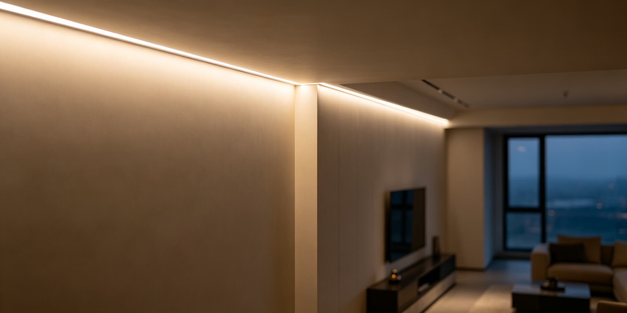 Faixa de LED sem acabamento embutida no perímetro do teto, espalhando uma linha branca quente na parede