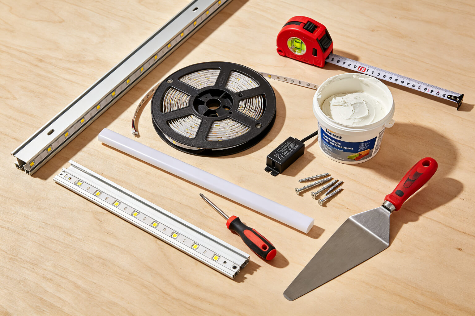 Materiais e ferramentas para instalação de canal de LED em drywall
