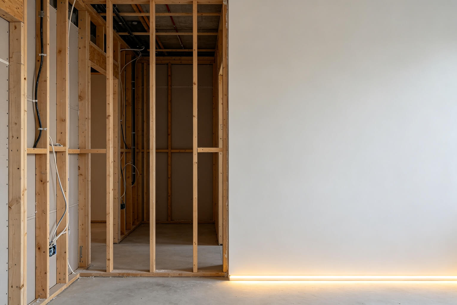 Nova estrutura de construção à esquerda versus parede acabada com linha de LED à direita