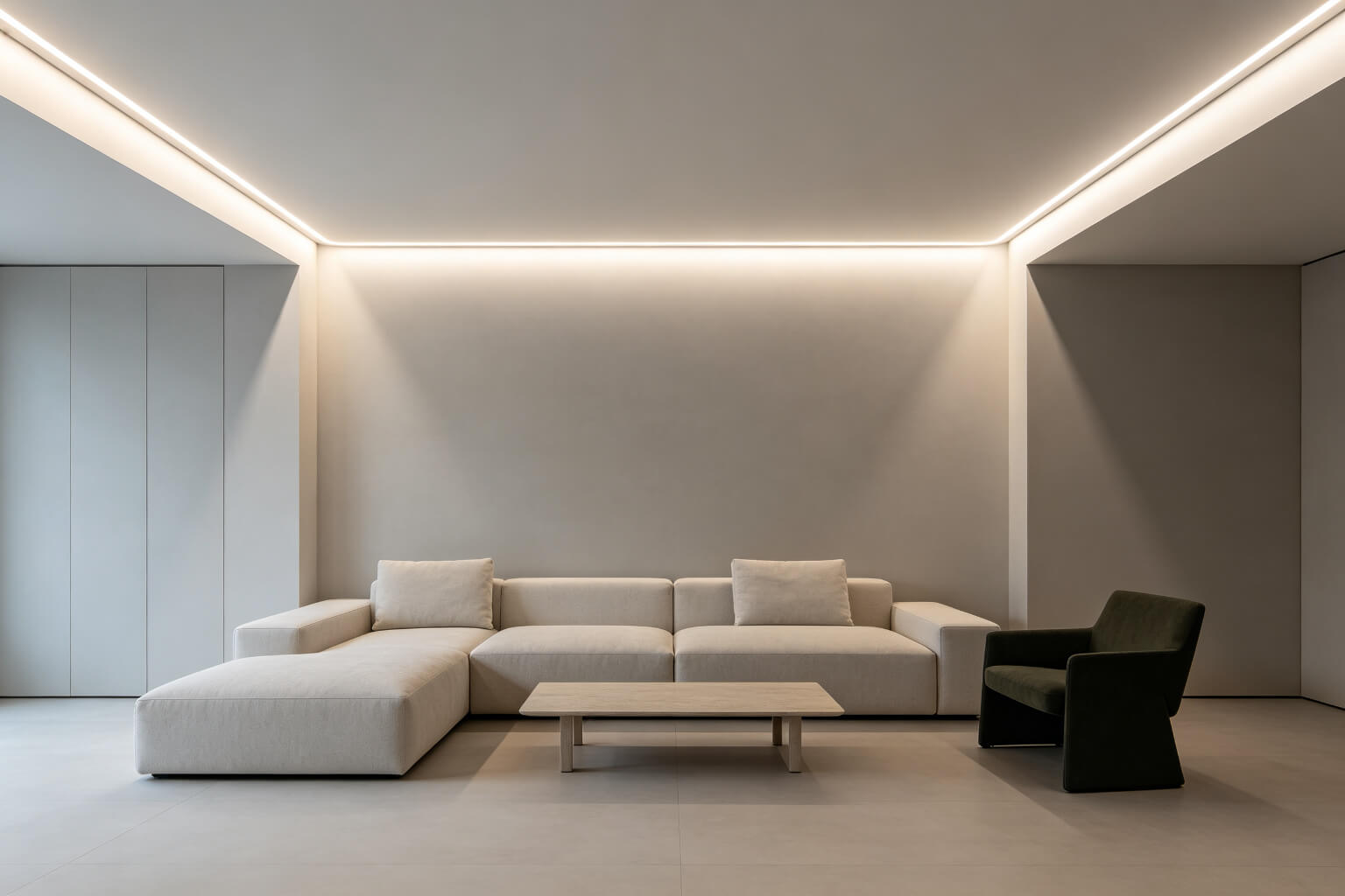 Sala de estar com teto em sanca LED de gesso sem acabamento