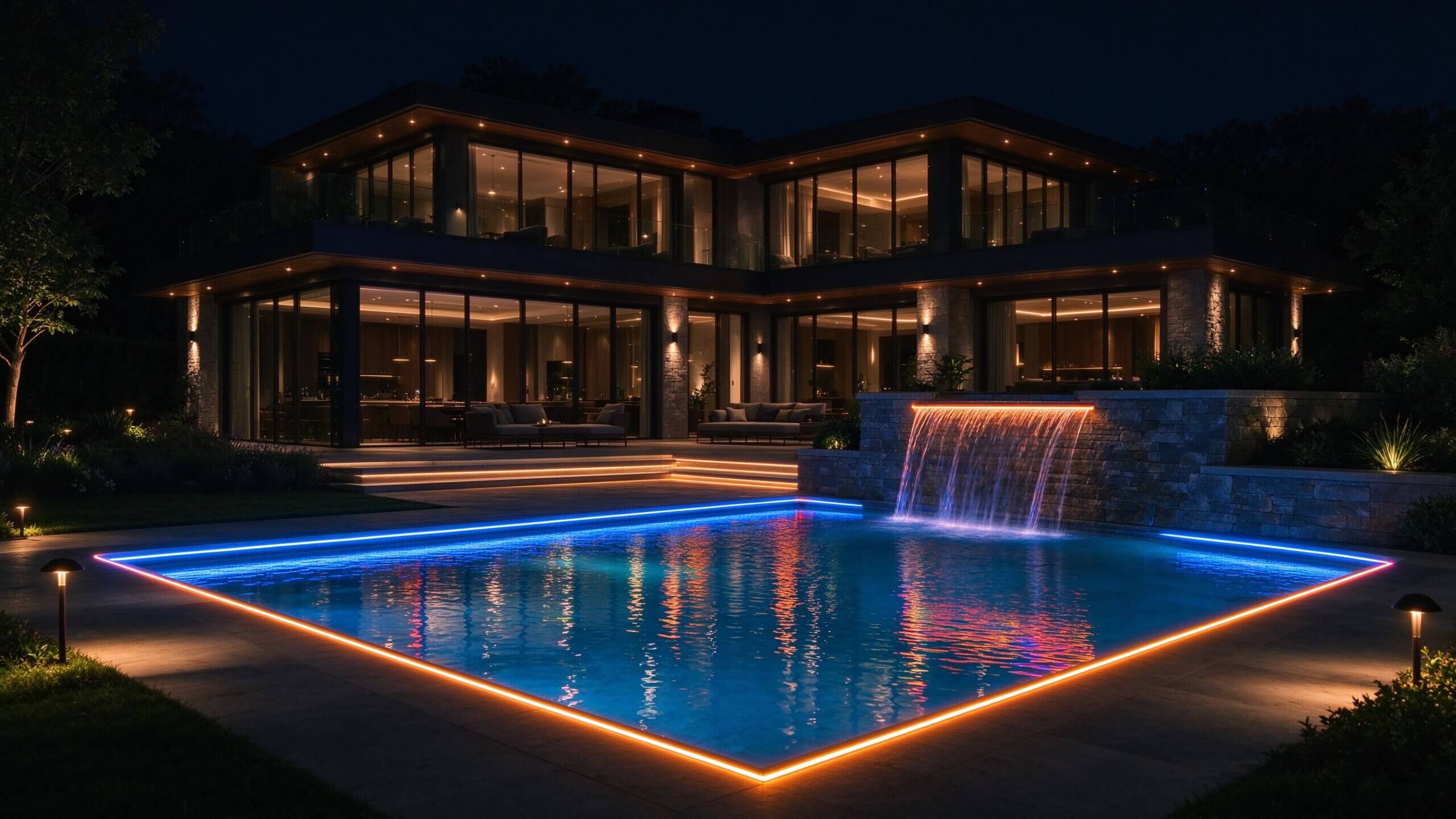 LED neon flex delineando uma piscina moderna à noite