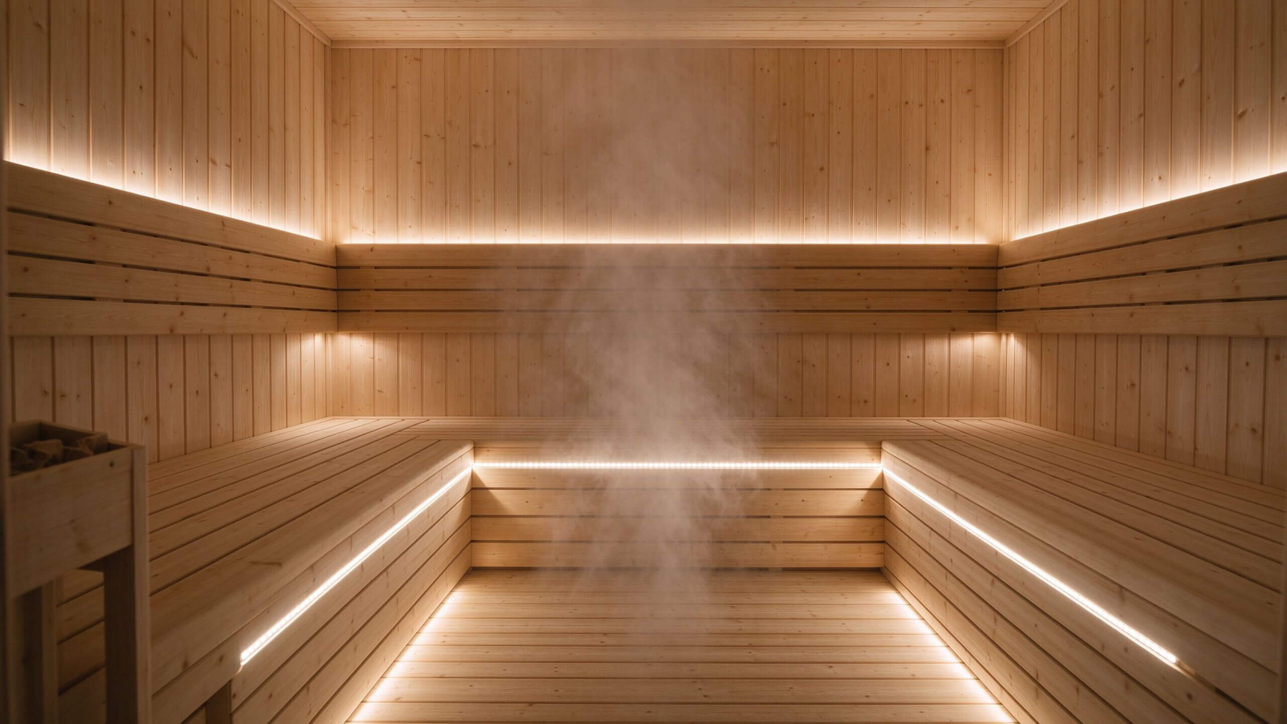Warm white LED strip hidden under wooden benches inside a Finnish sauna