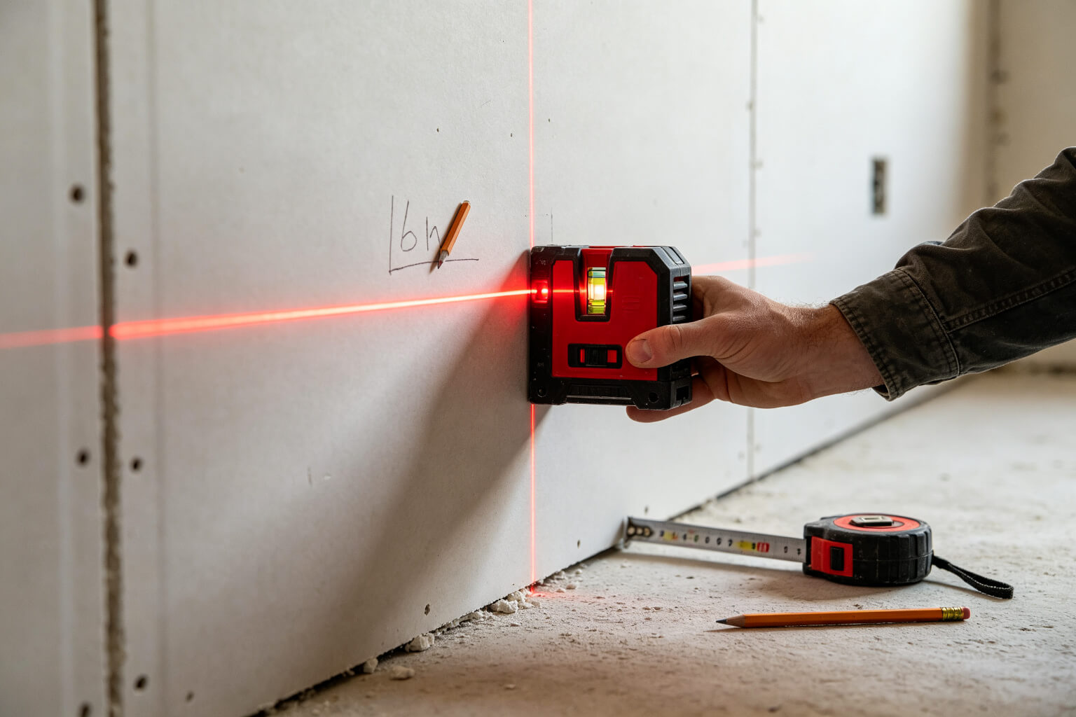 Nível de laser marcando uma linha horizontal em drywall
