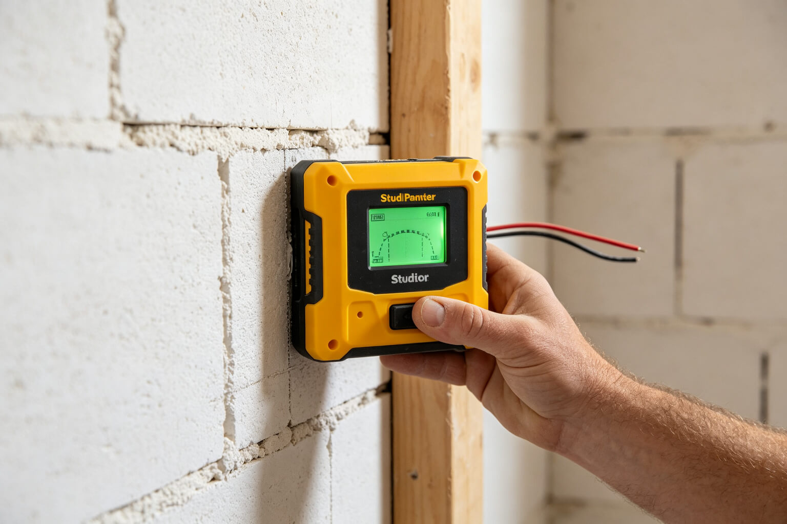 Localizador de pinos detectando pinos e fios atrás de drywall
