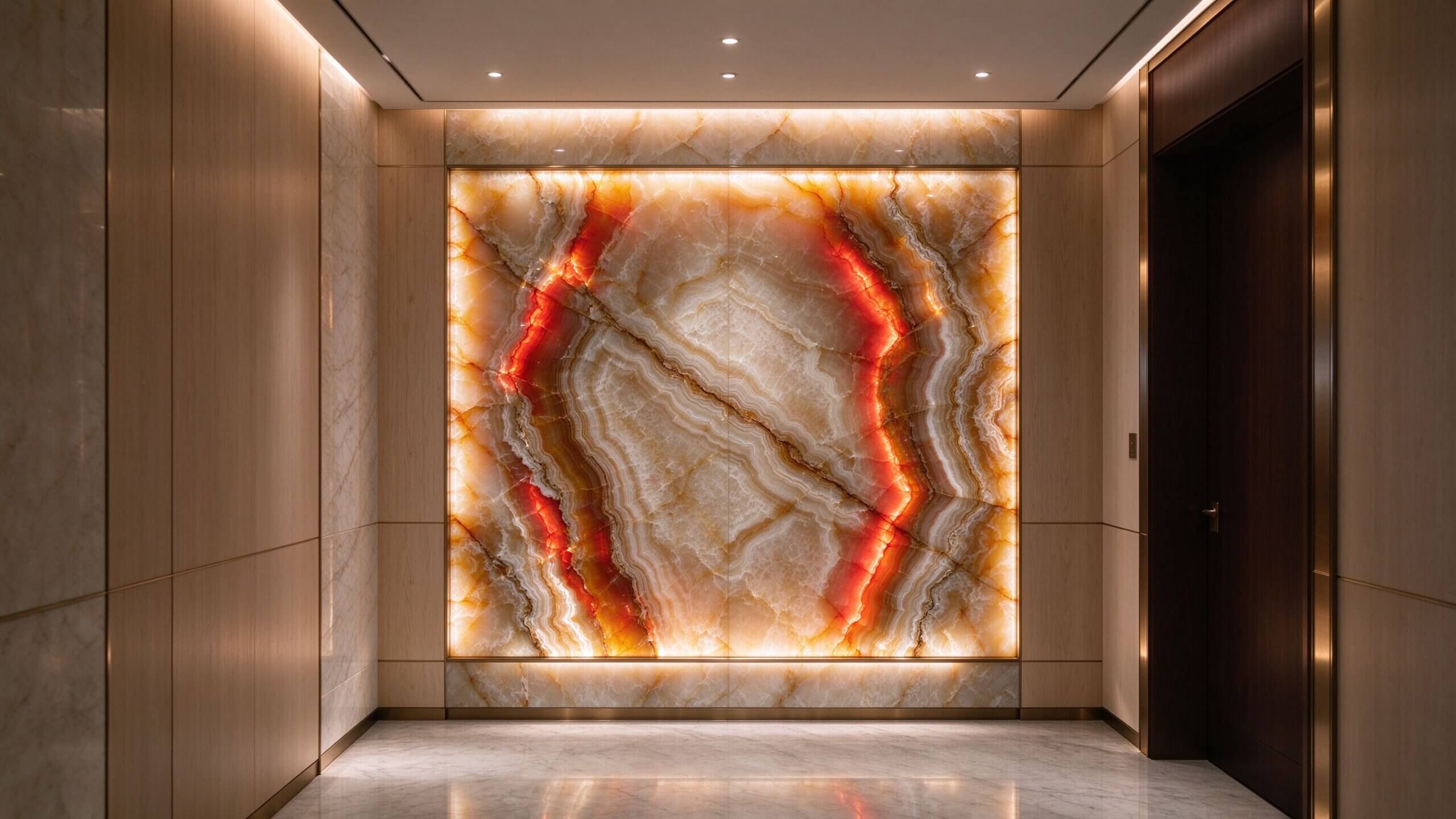 Backlit onyx stone wall glowing with warm amber LED light