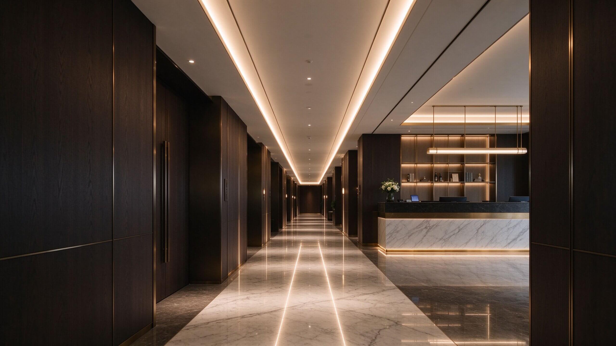 Long-run LED cove lighting in a modern hotel corridor with uniform brightness