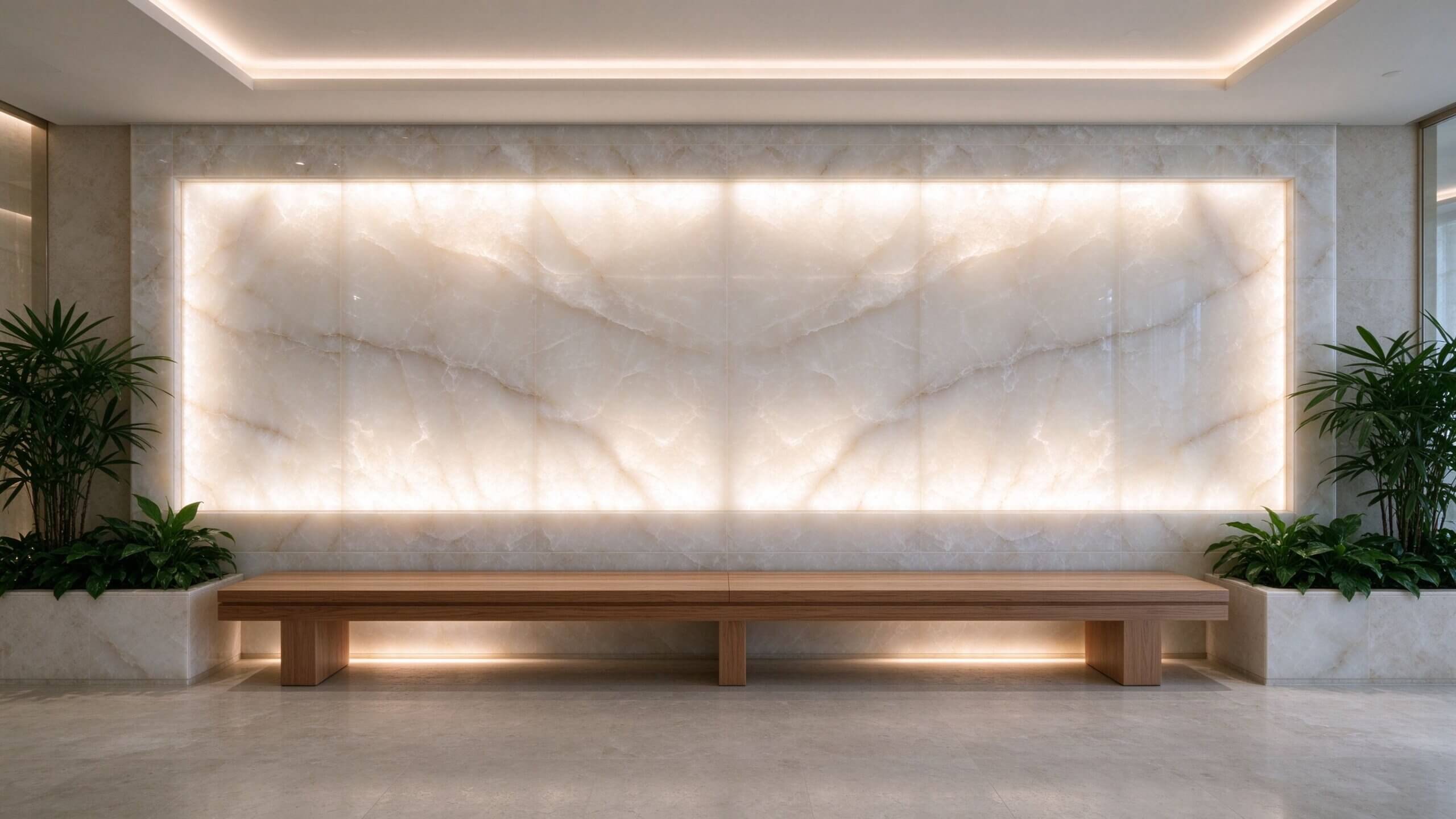 Alabaster stone wall backlit with warm white LED light in a spa