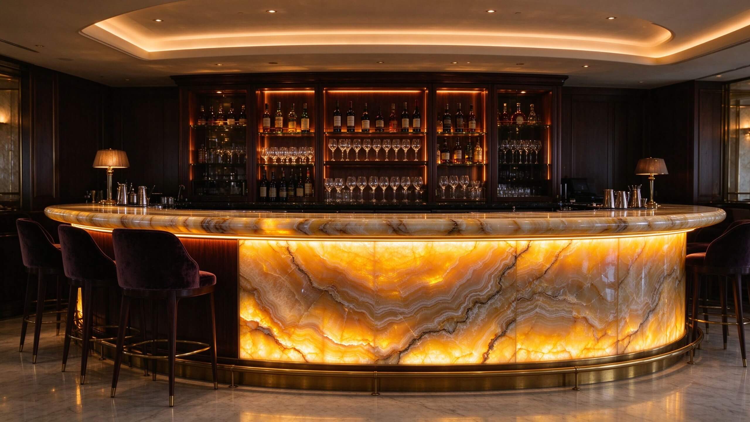 Backlit translucent stone bar counter