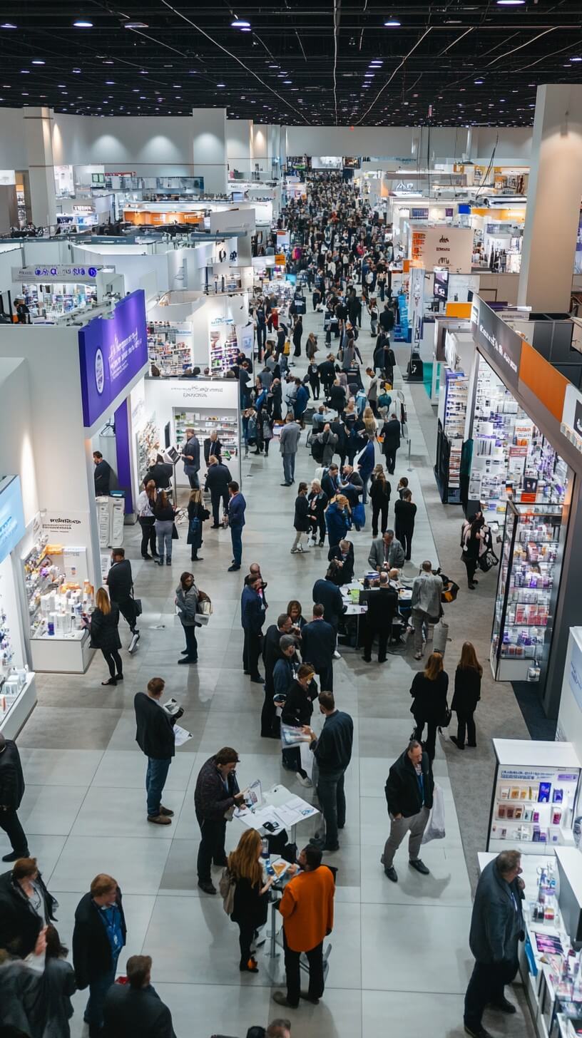 Busy lighting trade fair exhibition hall with attendees