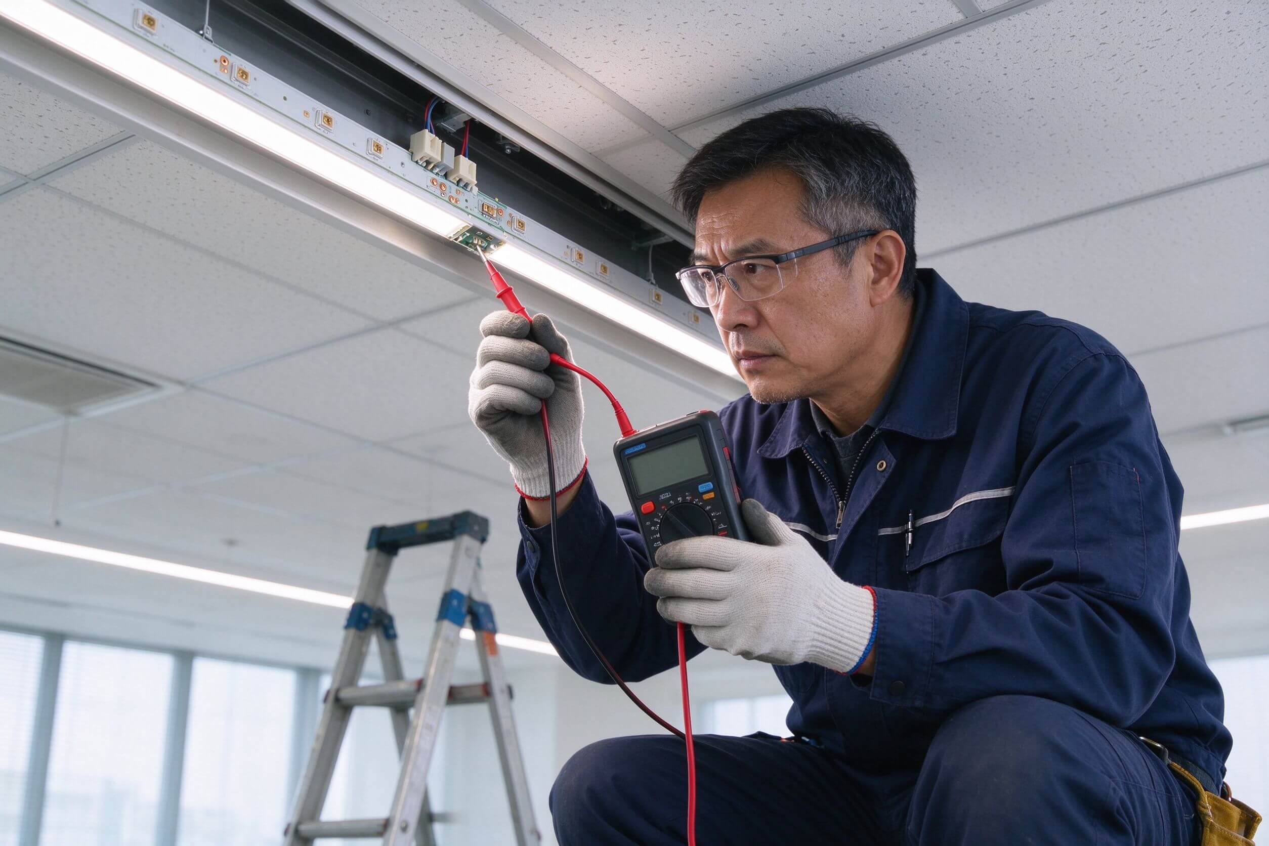 Electrician measuring far-end voltage of LED strip with multimeter